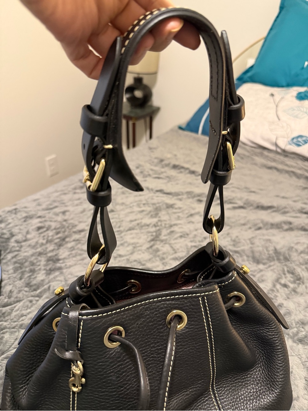 Black Leather Drawstring Bucket Bag - Picture 8 of 14